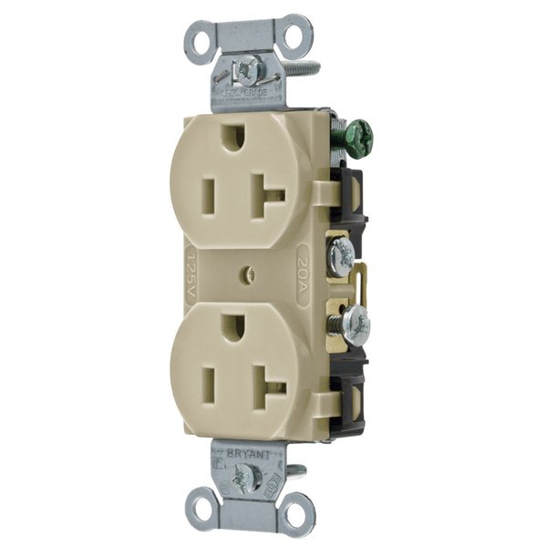 Bryant Straight Blade Devices, Receptacles, Duplex, 20A 125V, 2- Pole 3-Wire Grounding, 5-20R, Ivory CBRS20I